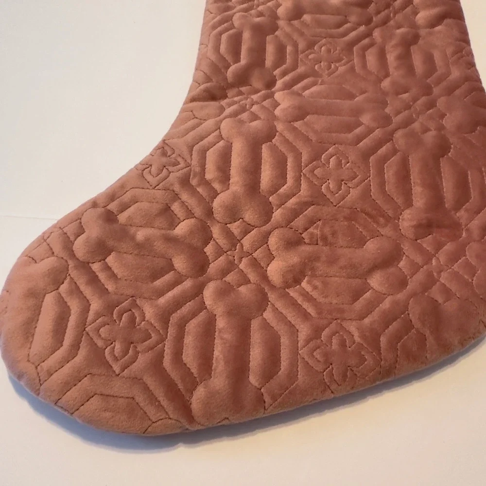 Martha Stewart Dusty Rose‎ Quilted Dog Bone Christmas Stocking Faux Fur Trim